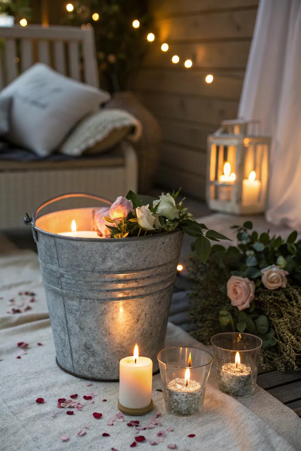 A galvanized bucket becomes a charming candle holder.