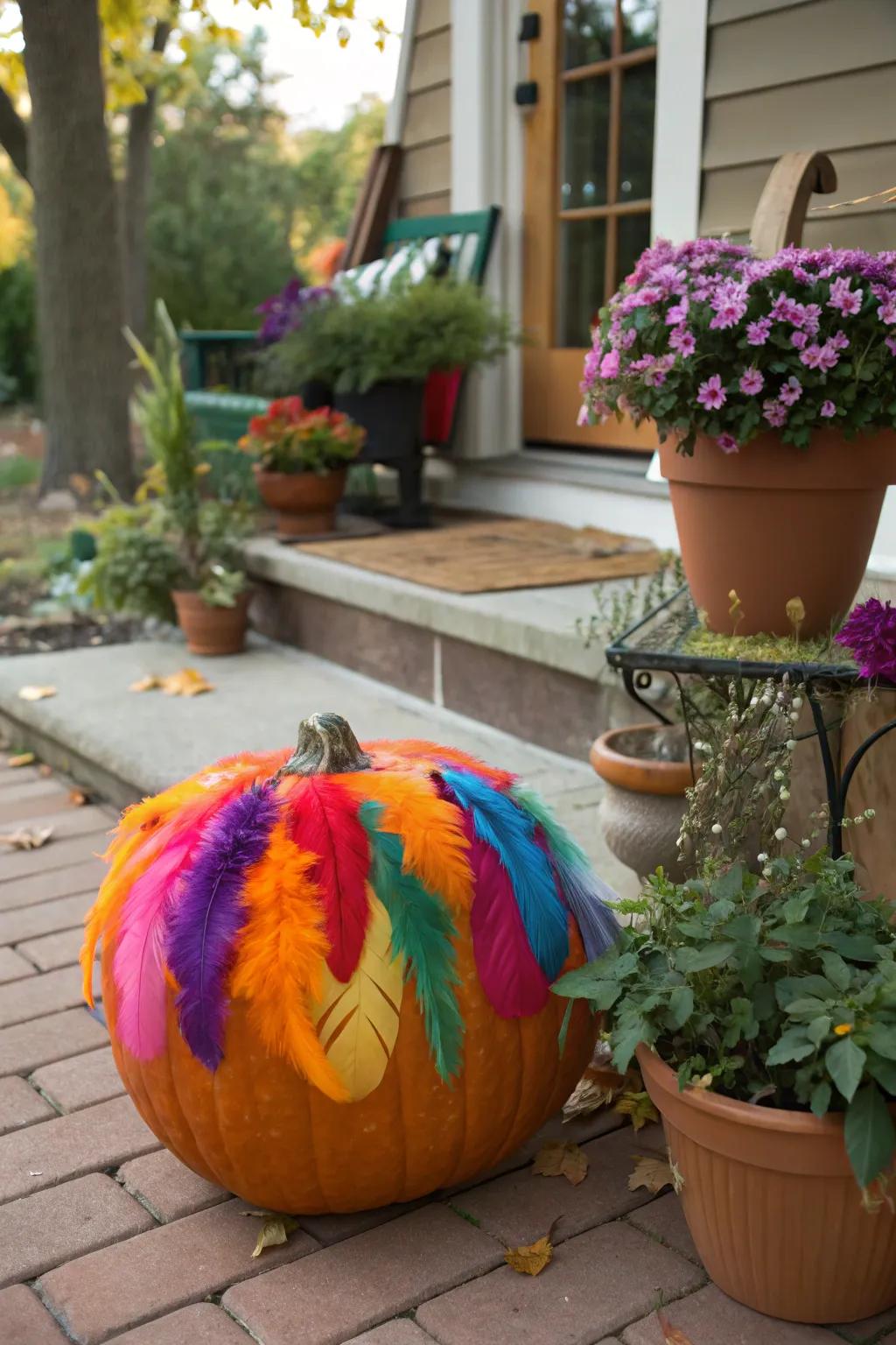 Feathers add a whimsical touch to this pumpkin.