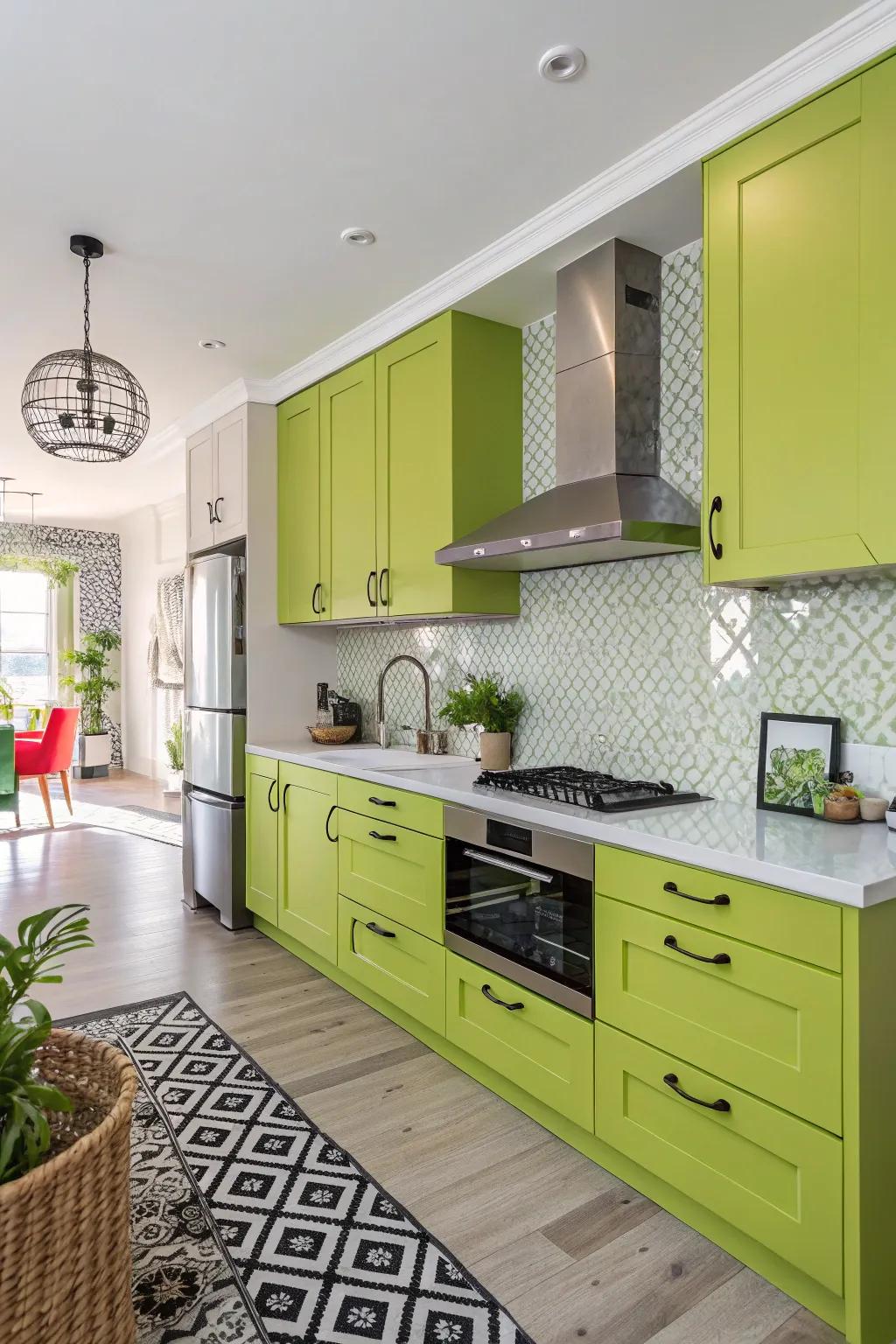 Vivid lime green cabinets add a playful touch.