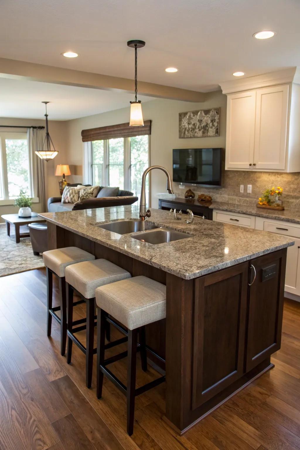 A prep sink with bar seating makes the island a practical social hub.