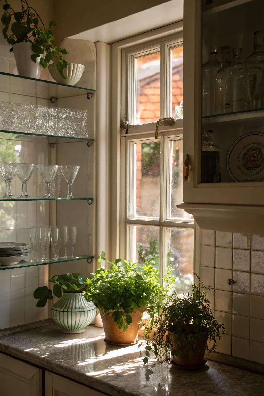 Glass shelves in windows provide storage without blocking light.