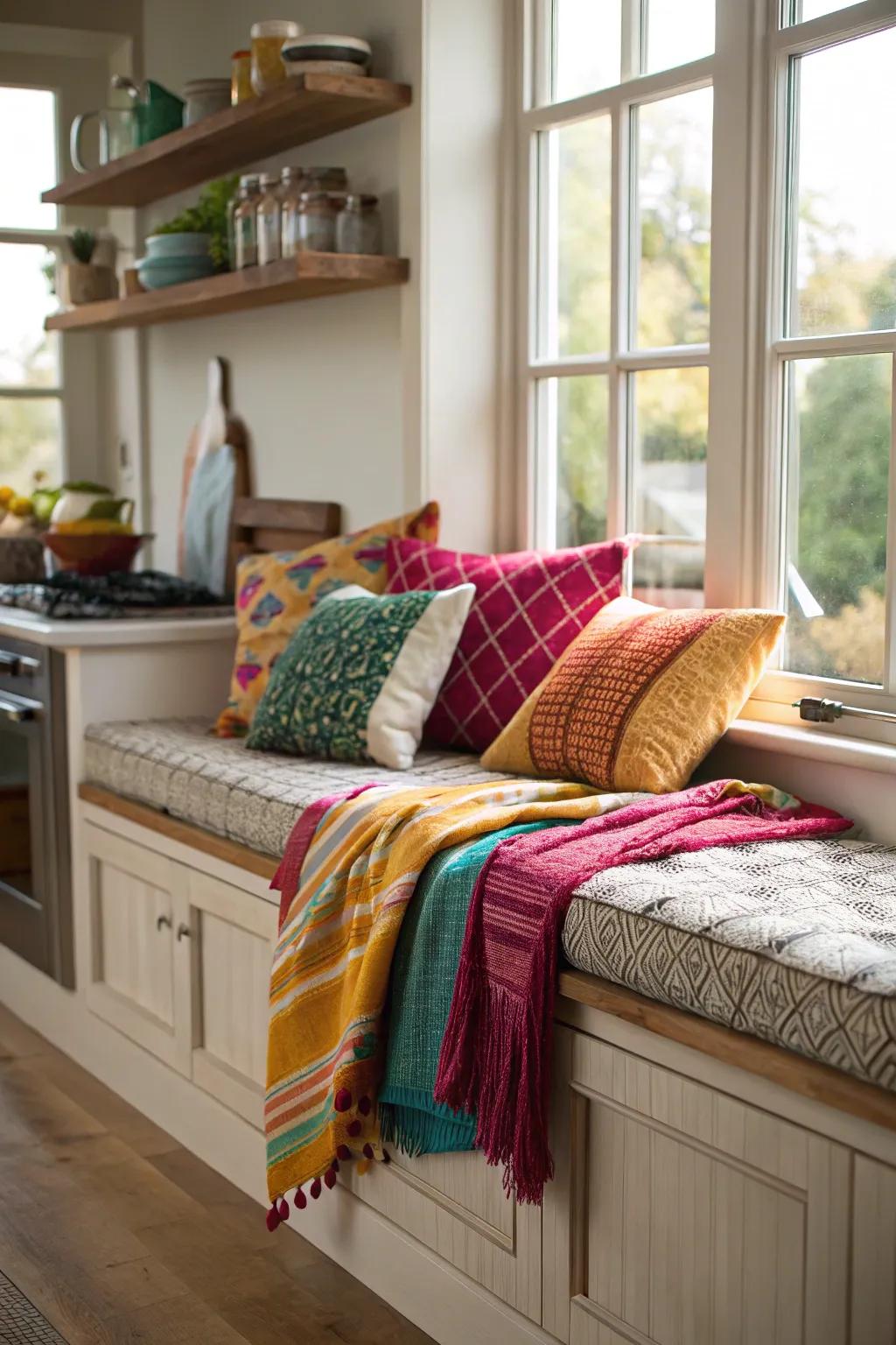 Mixing fabrics adds personality to a window seat.