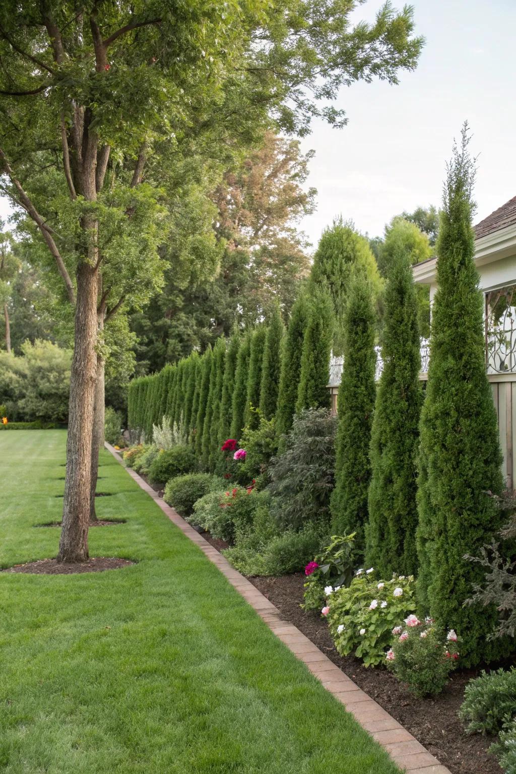 Arborvitae trees providing a natural sound barrier for a quieter garden.