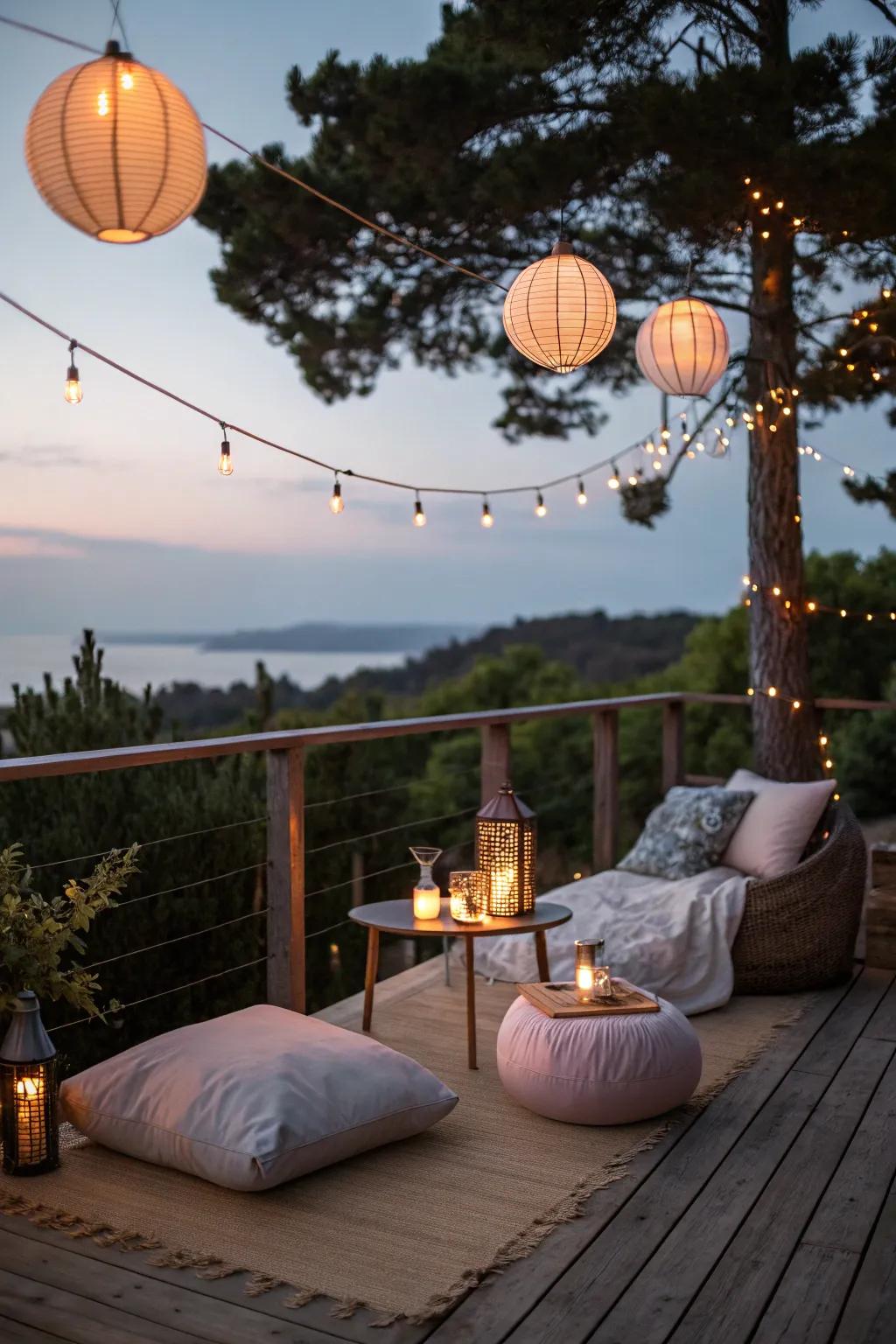 An inviting evening ambiance on a spacious deck.