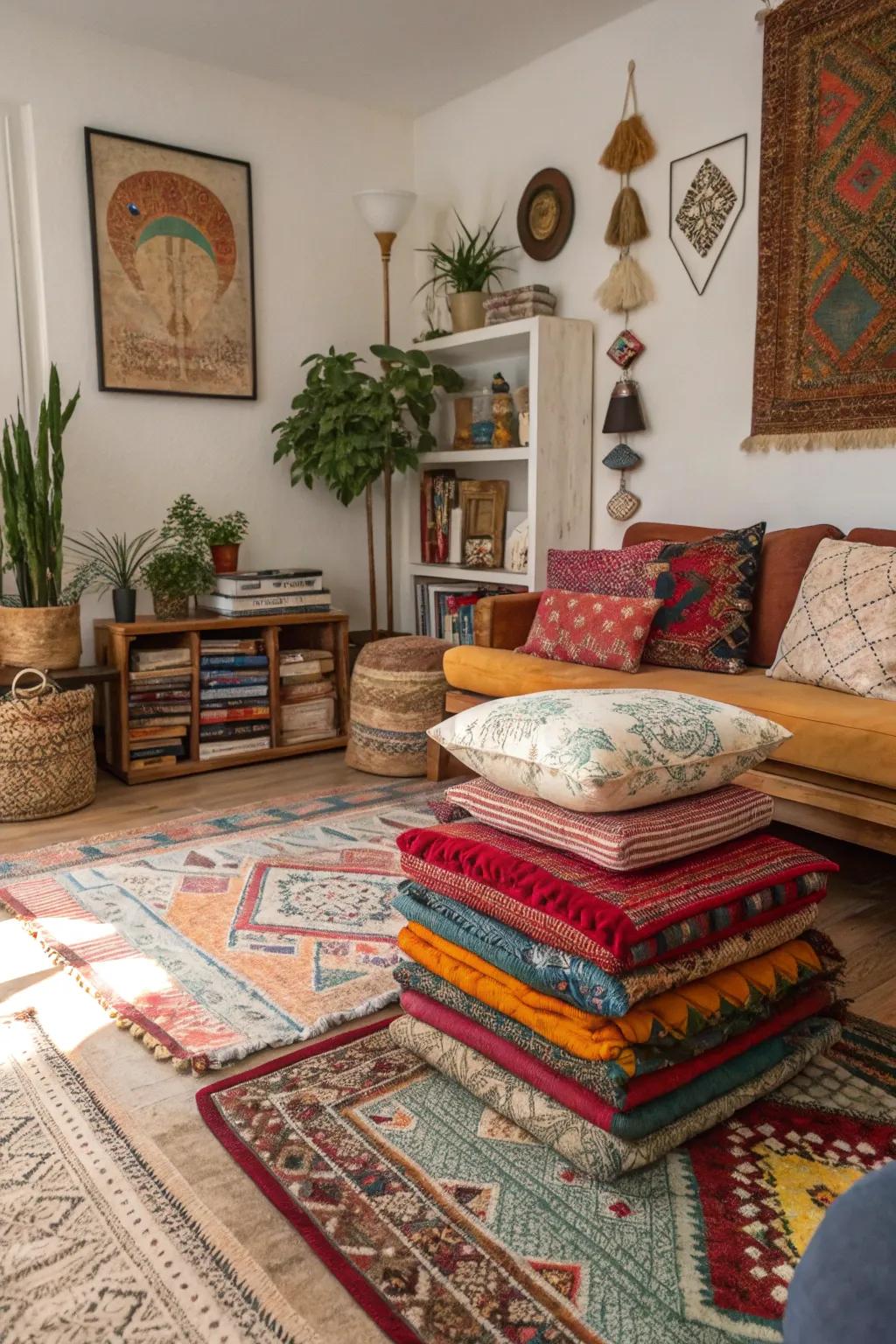 Layered rugs with vibrant patterns add bohemian flair to any room.