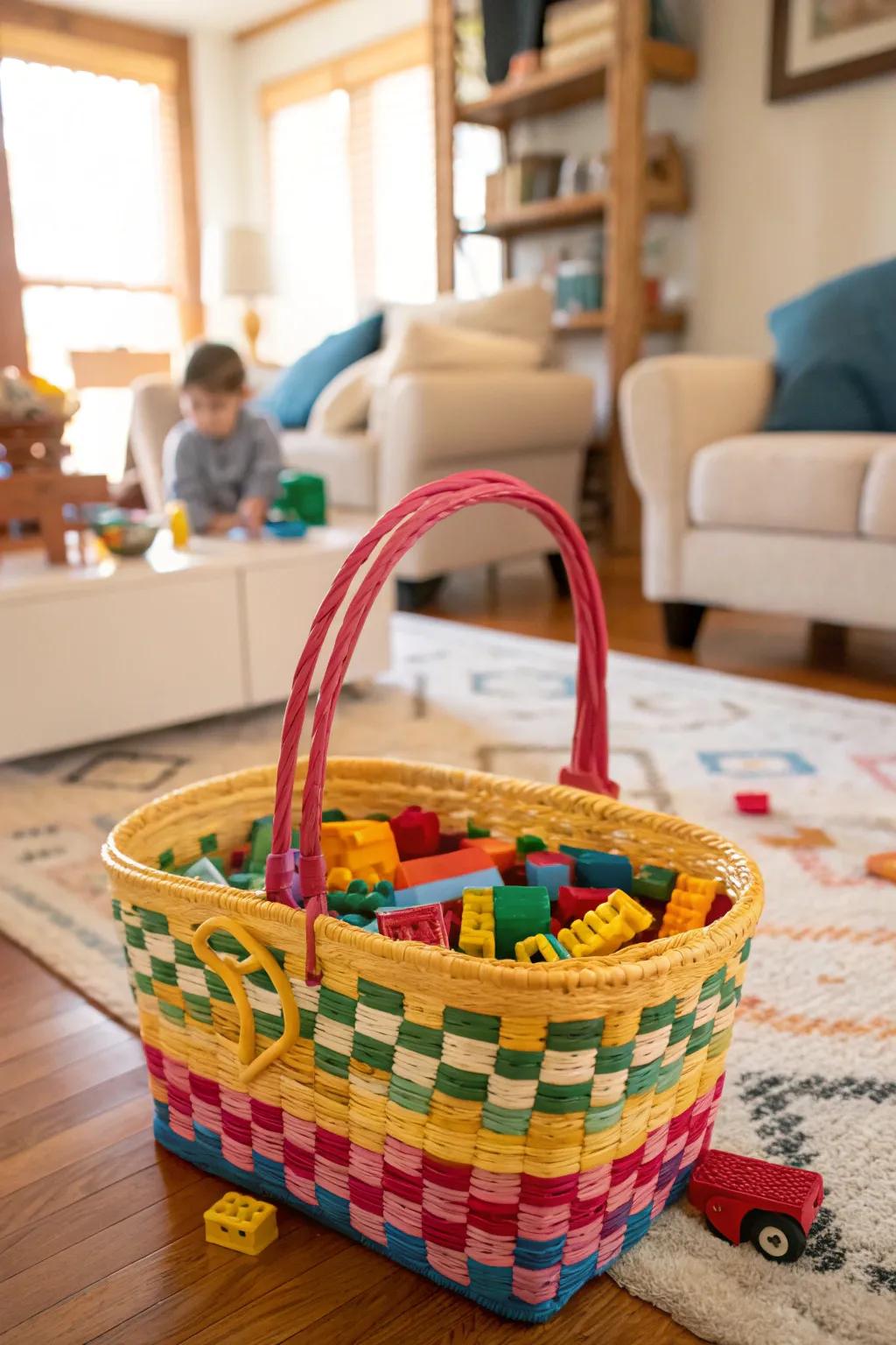 Mobile Lego storage with a handled basket.