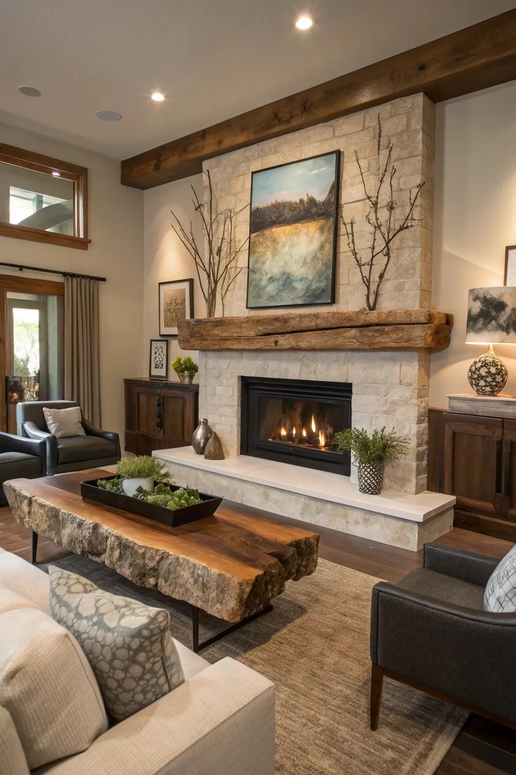 A living room featuring a live edge mantel alongside modern furnishings.