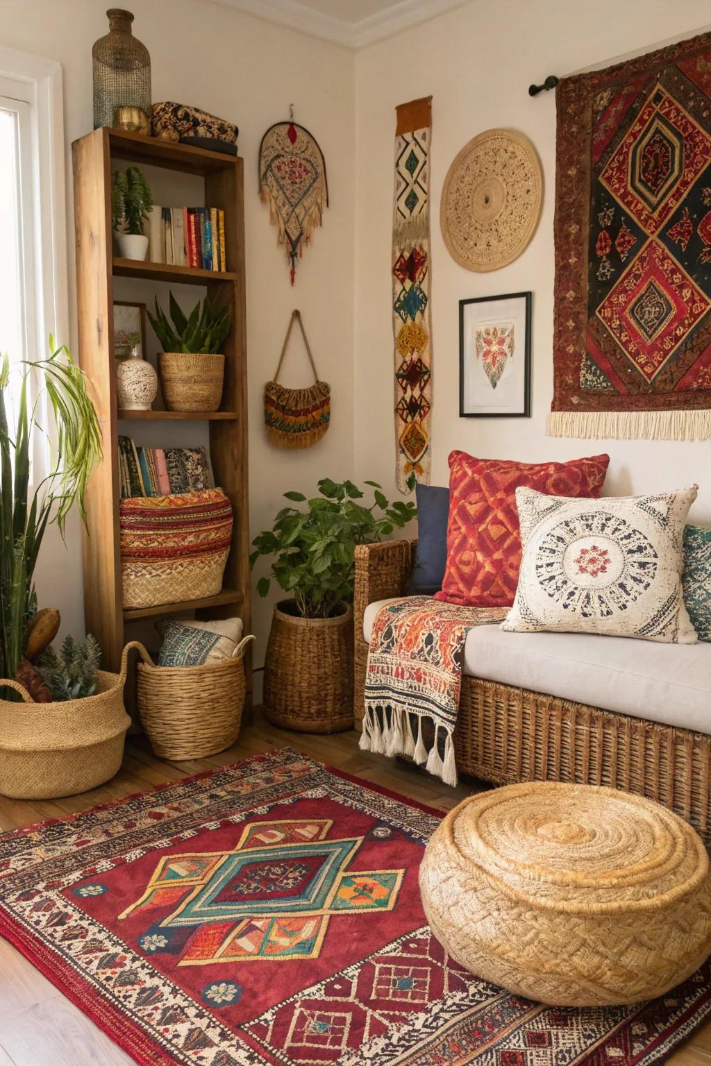 A globally inspired nook featuring diverse decor and textiles.