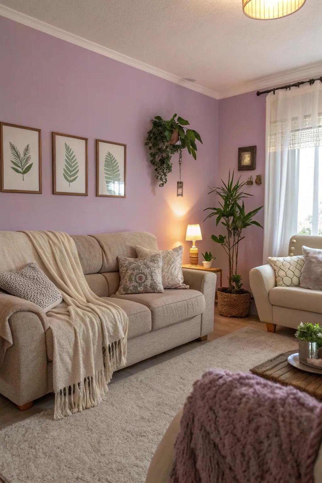 Subtle lavenders add softness and romance, perfect for a gentle living room.