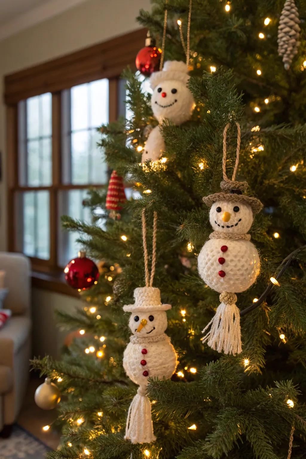 Add whimsy with macrame snowman ornaments.