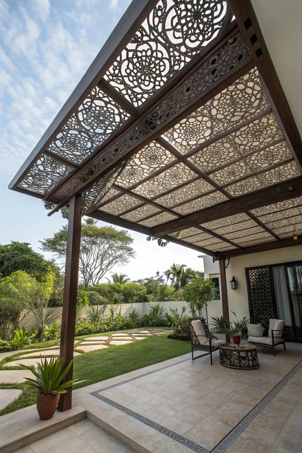 An artistic patterned metal roof adds visual interest and creativity to this patio.