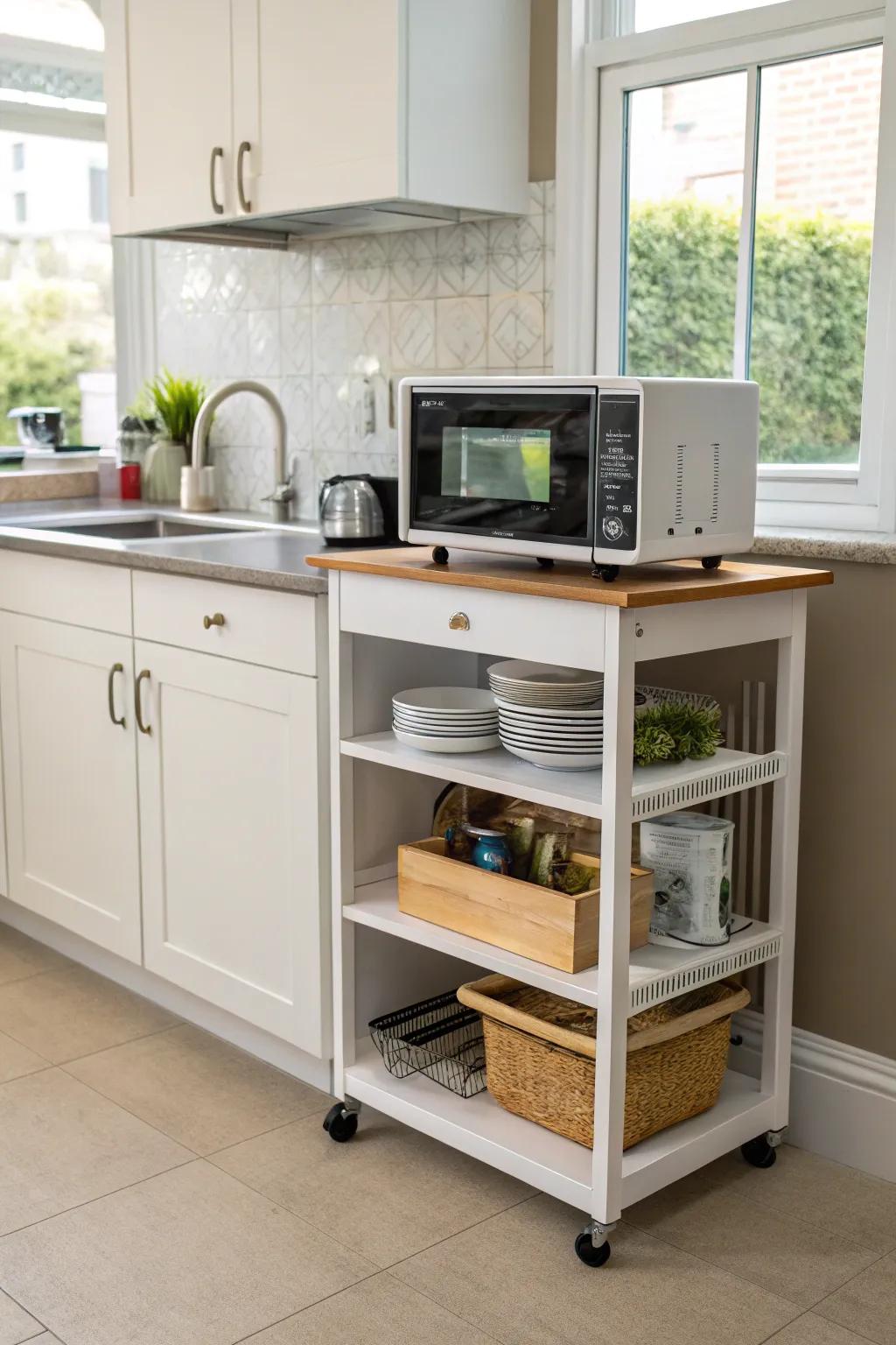 A mobile cart for versatile microwave placement.