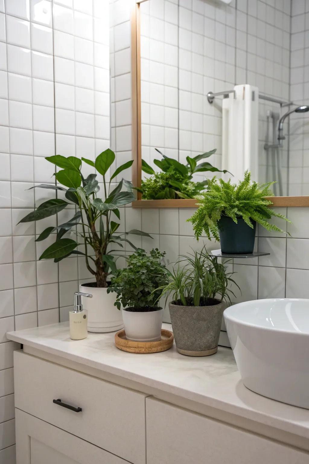 A minimalist bathroom with invigorating greenery.