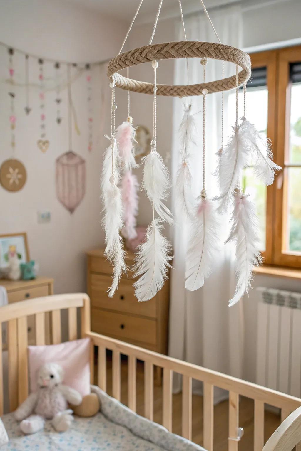 A floating feather mobile adding a touch of the sky to a nursery.