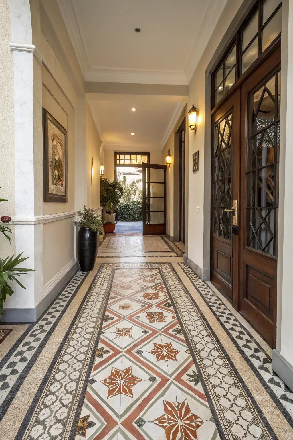 Patterned border tiles create a defined and elegant entryway area.