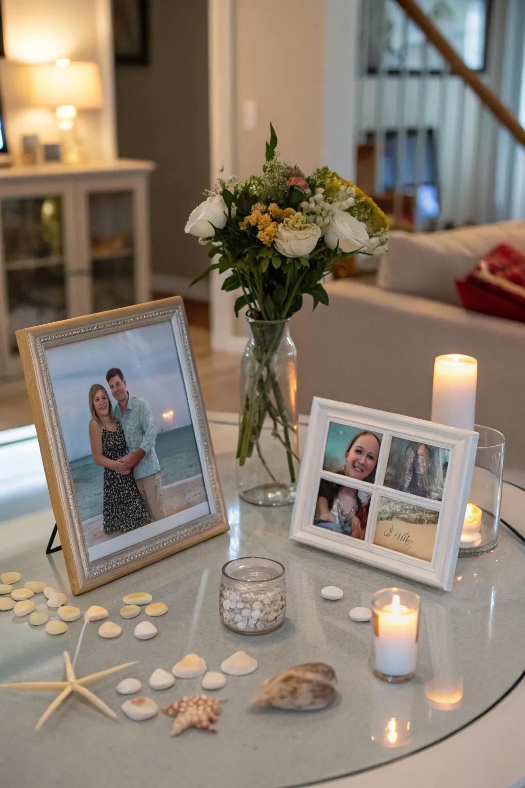 Personal touches like family photos make a glass dining table feel uniquely yours.