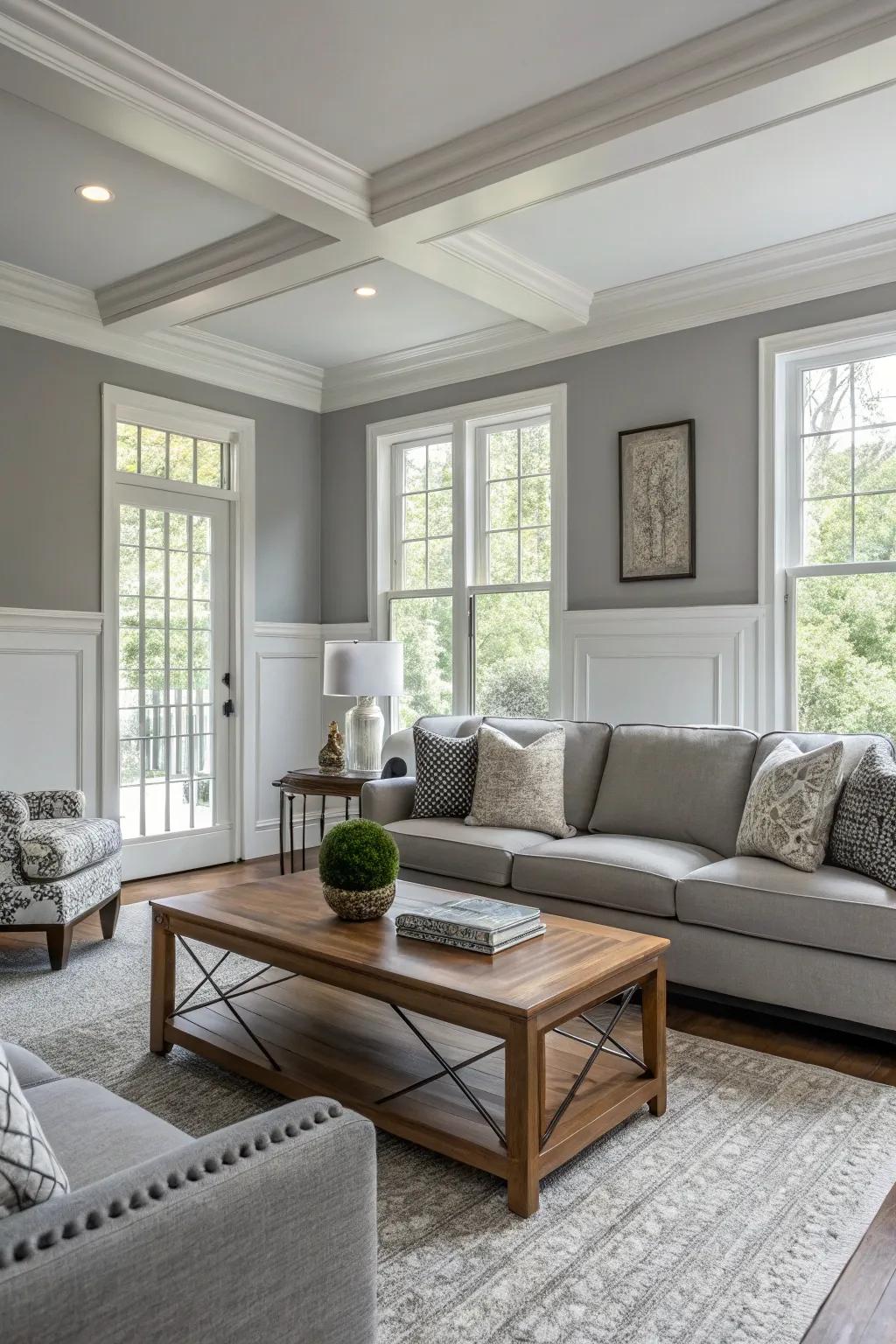 A two-tone gray scheme adds depth and definition to this living room.