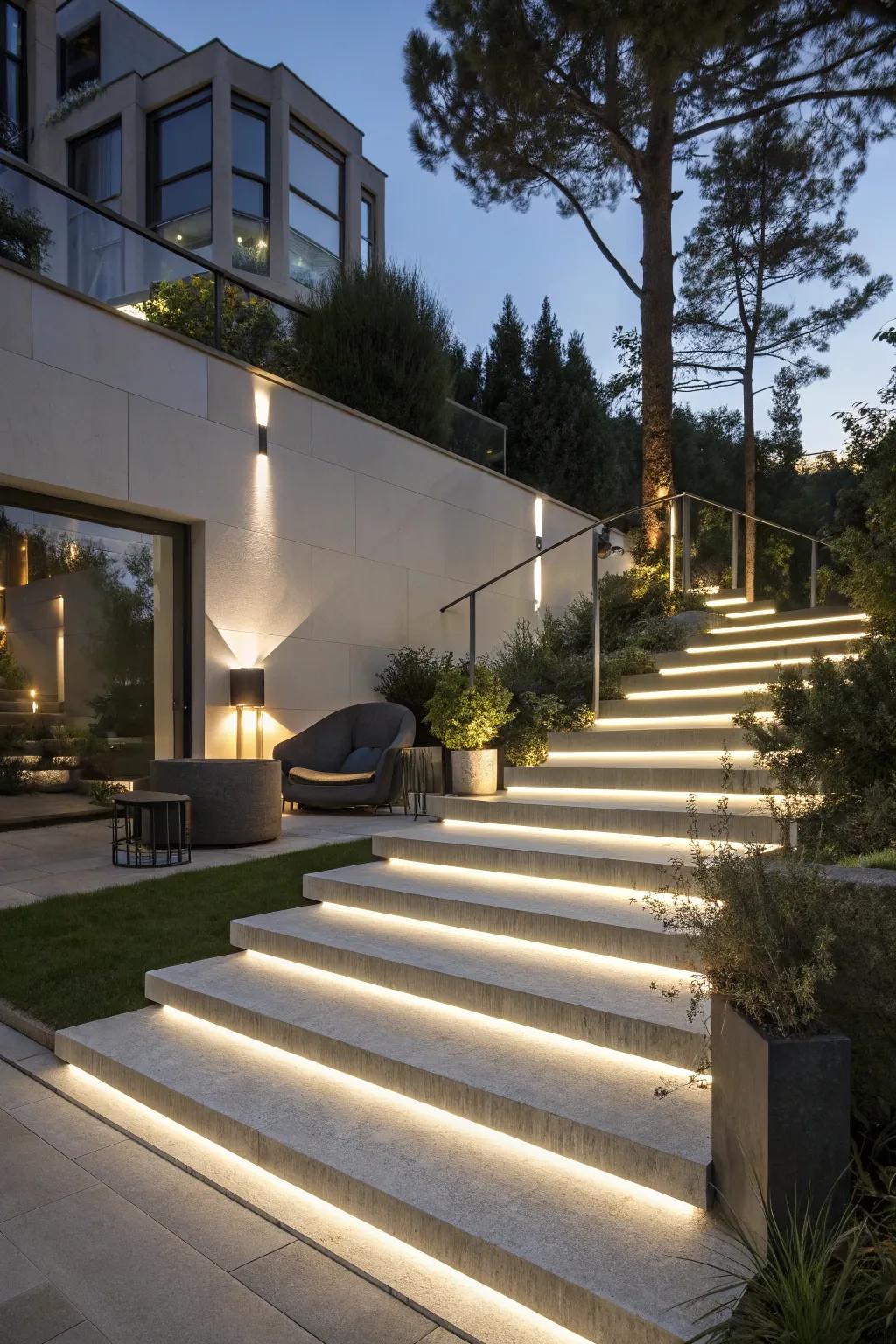 Linear lighting offering a sleek and modern lighting solution for outdoor steps.