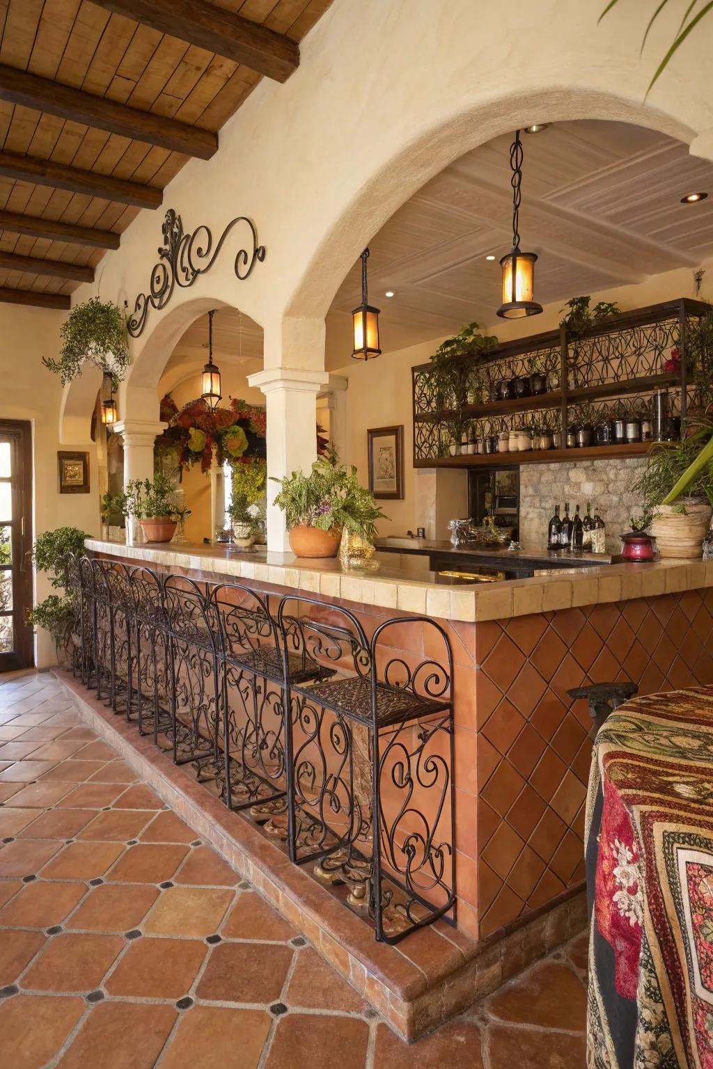 A Mediterranean charm L-shaped bar with sunny details.