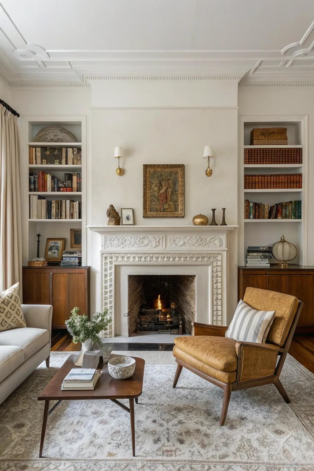 A mid-century modern twist adds retro flair to a plaster fireplace.