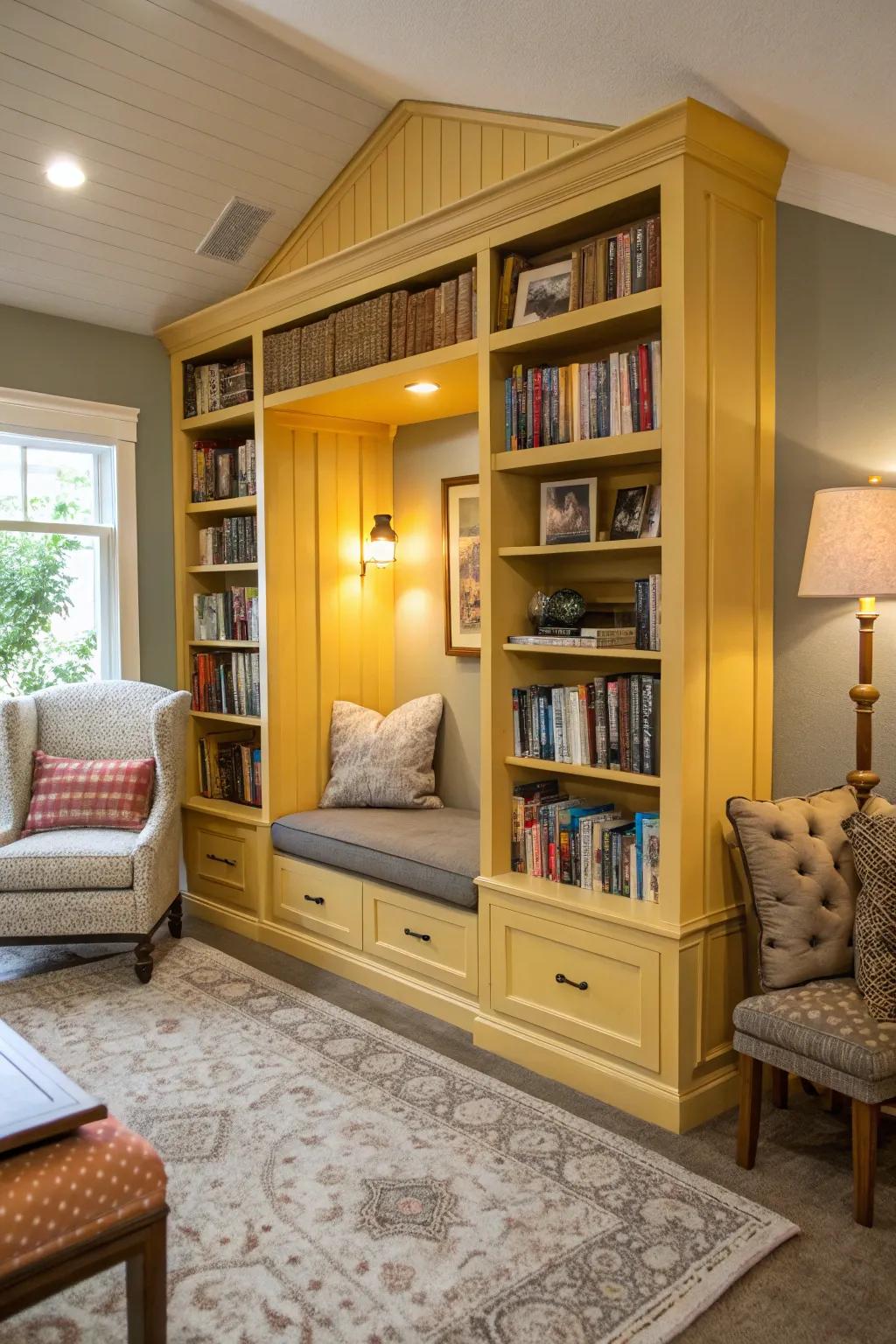 A yellow reading nook adds a cozy and functional corner to the living room.