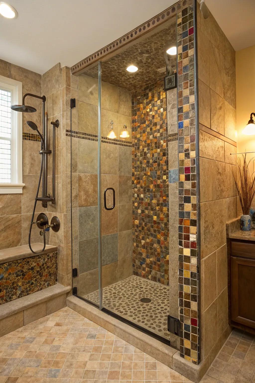 An eclectic mix of materials creates a dynamic shower design.