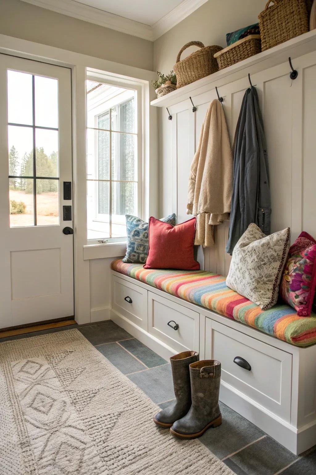 Cushions and throws make mudroom benches more inviting.