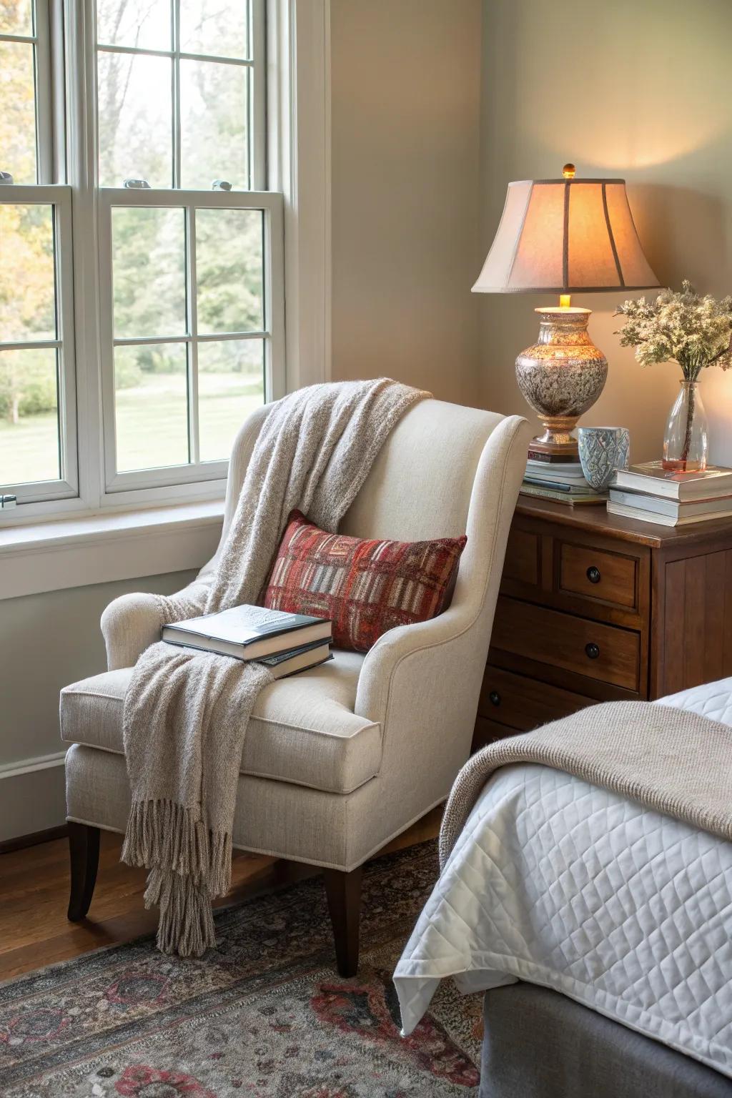 A cozy reading nook with a chair and nightstand, perfect for relaxation.