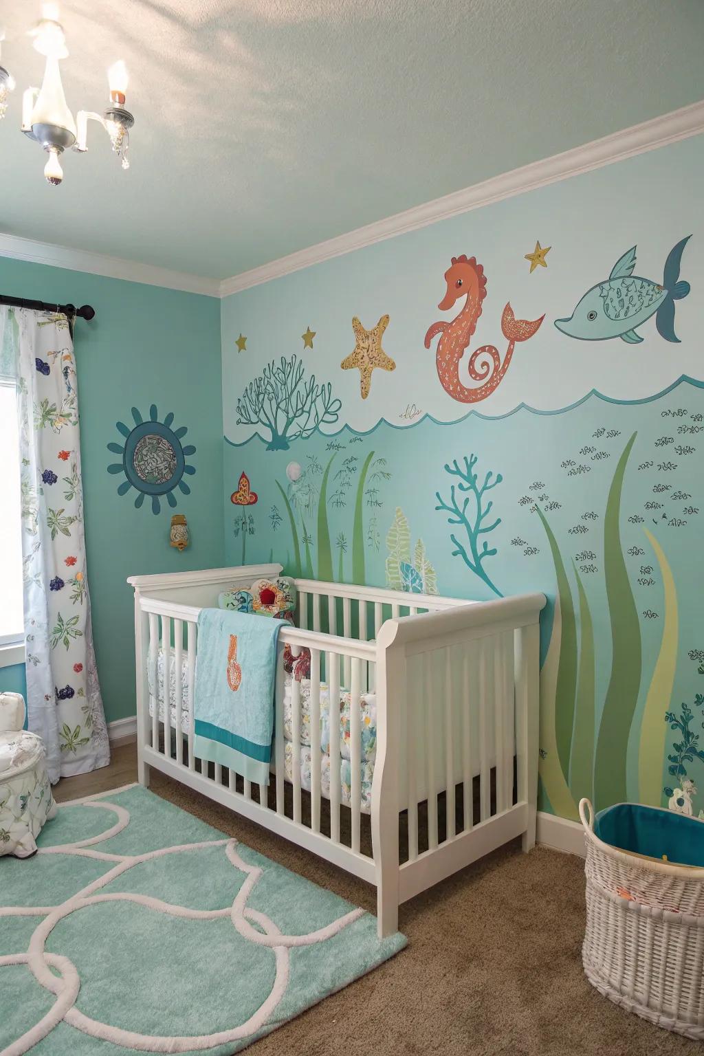 A playful nursery with an under the sea theme accent wall creating an aquatic adventure.