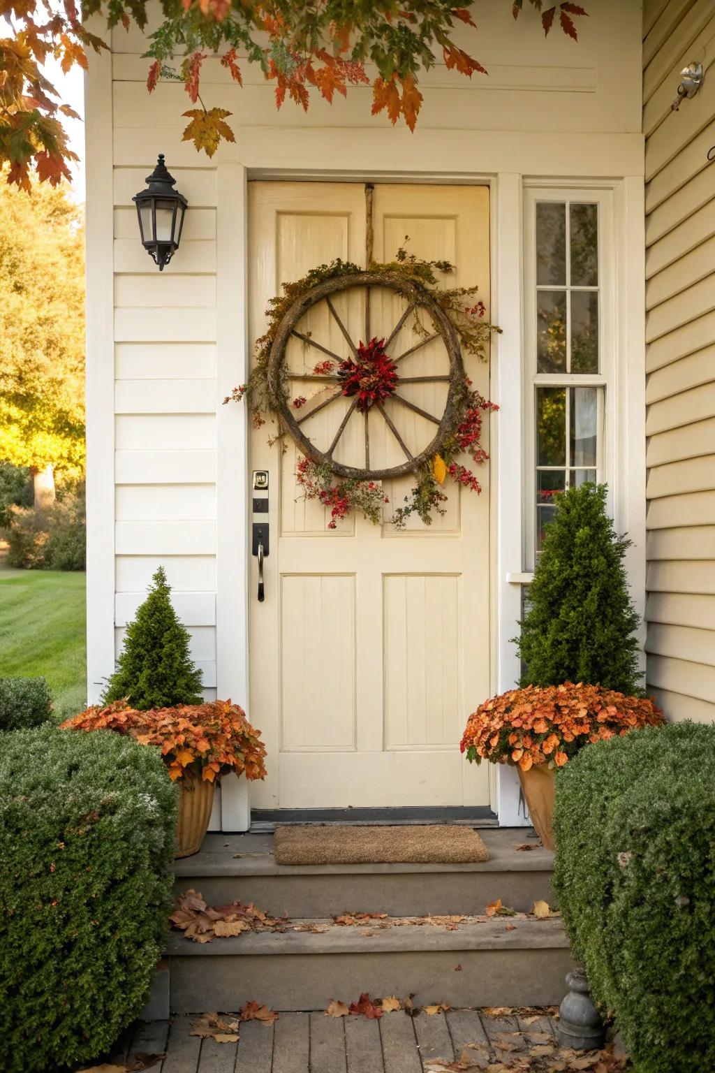 A wagon wheel wreath base offers seasonal versatility.