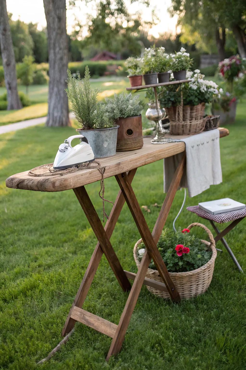 Enhance your garden with an outdoor display stand from an ironing board.