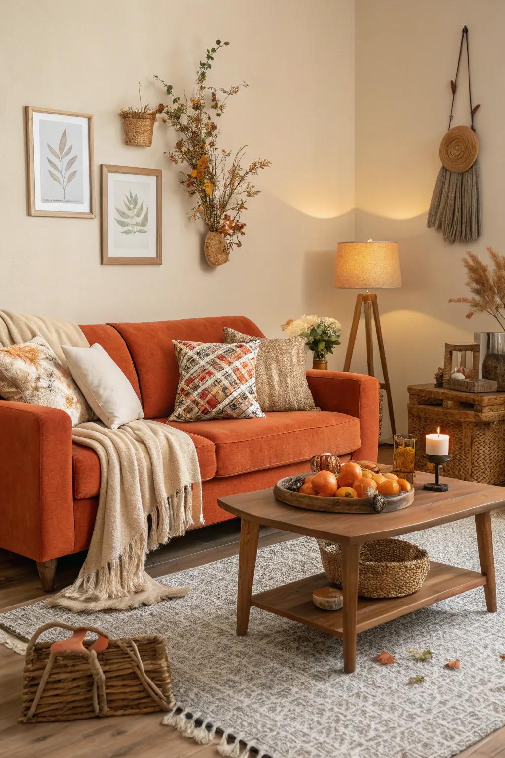 A cozy autumn-inspired living room where an orange couch is complemented by warm tones.