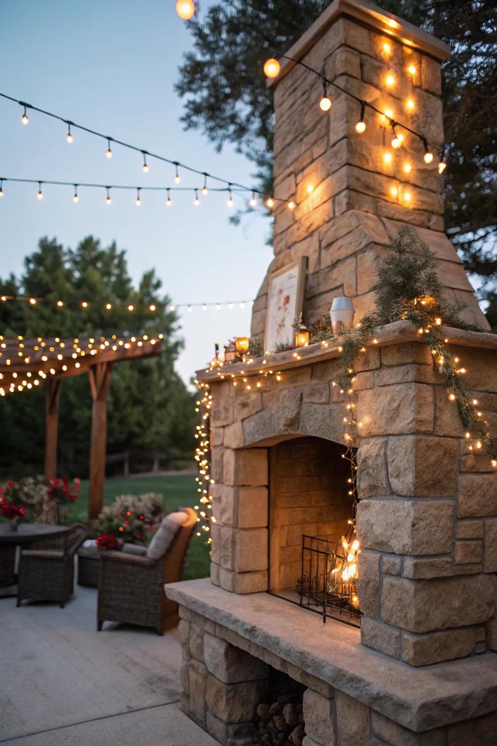 Enchanting string lights draped around the mantel.