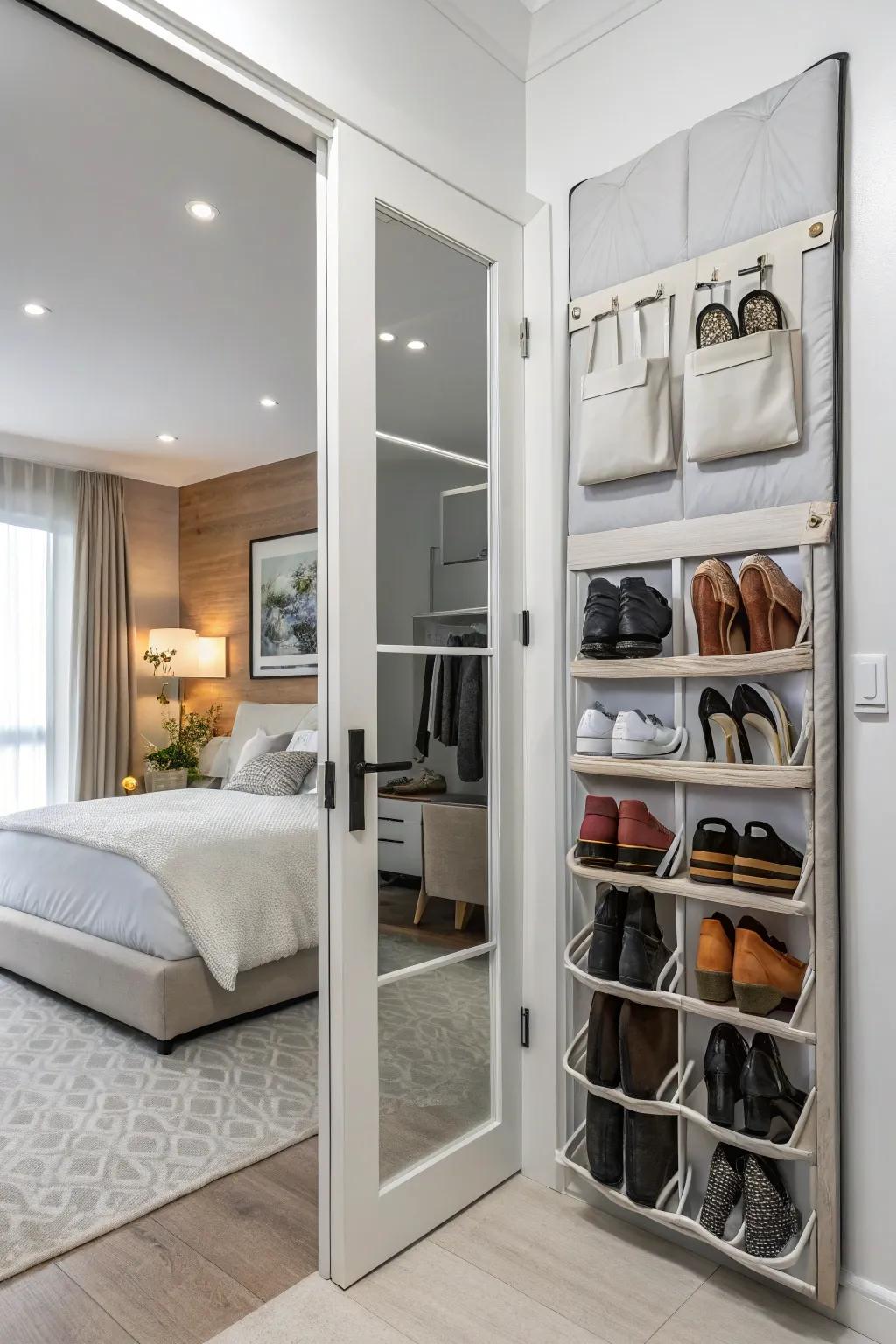 Organize your shoes with an over-the-door closet organizer.