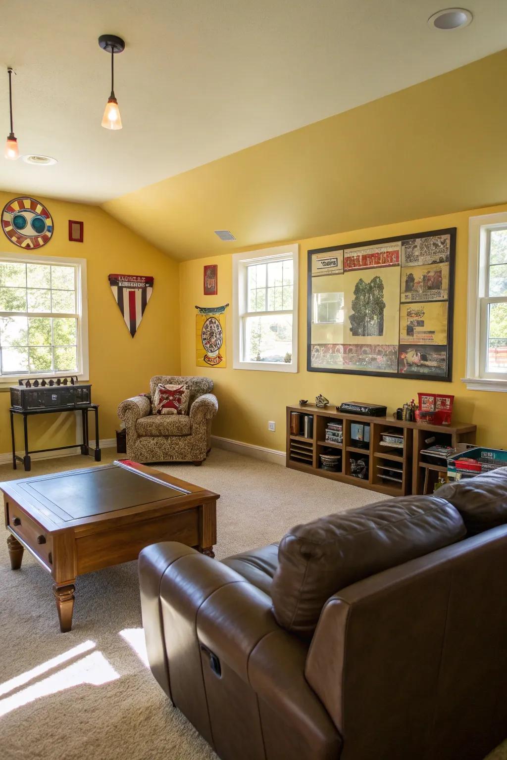 Butter yellow walls bring a cheerful and bright atmosphere to this playroom.