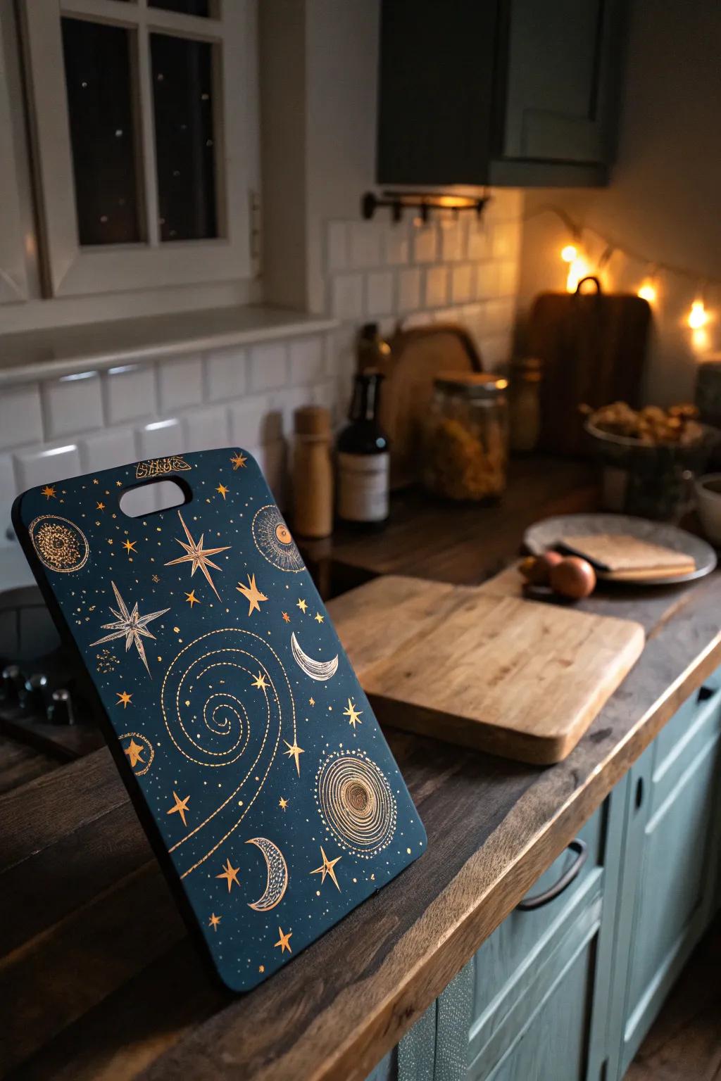 A cutting board featuring a captivating starry night design, perfect for dreamers.