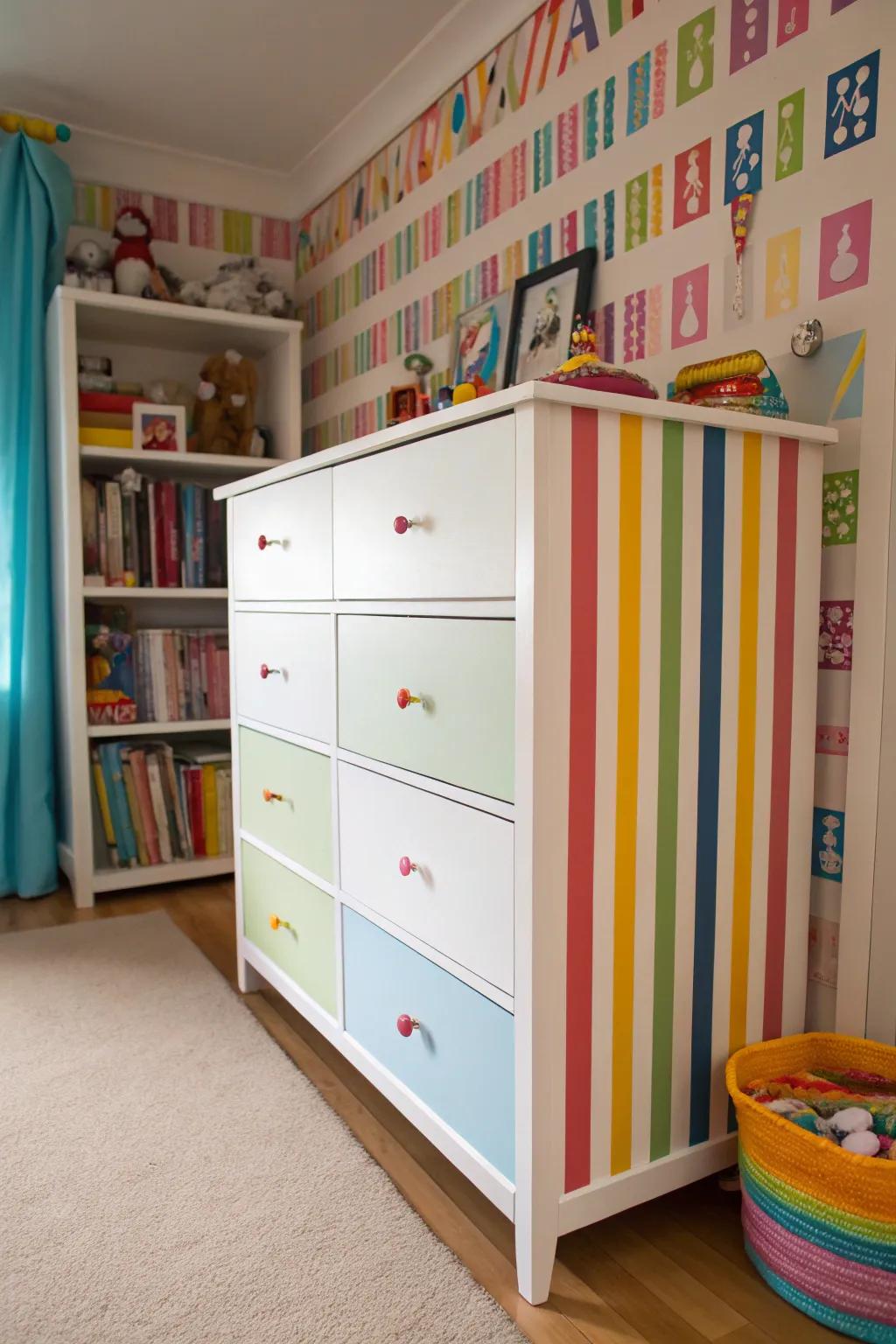 A dresser with a playful stripe pattern.