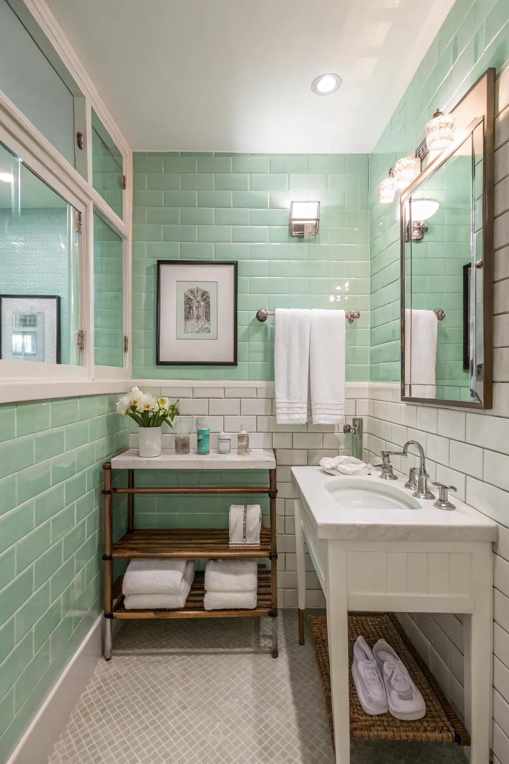 Mint painted brick walls bringing a refreshing touch to the bathroom.