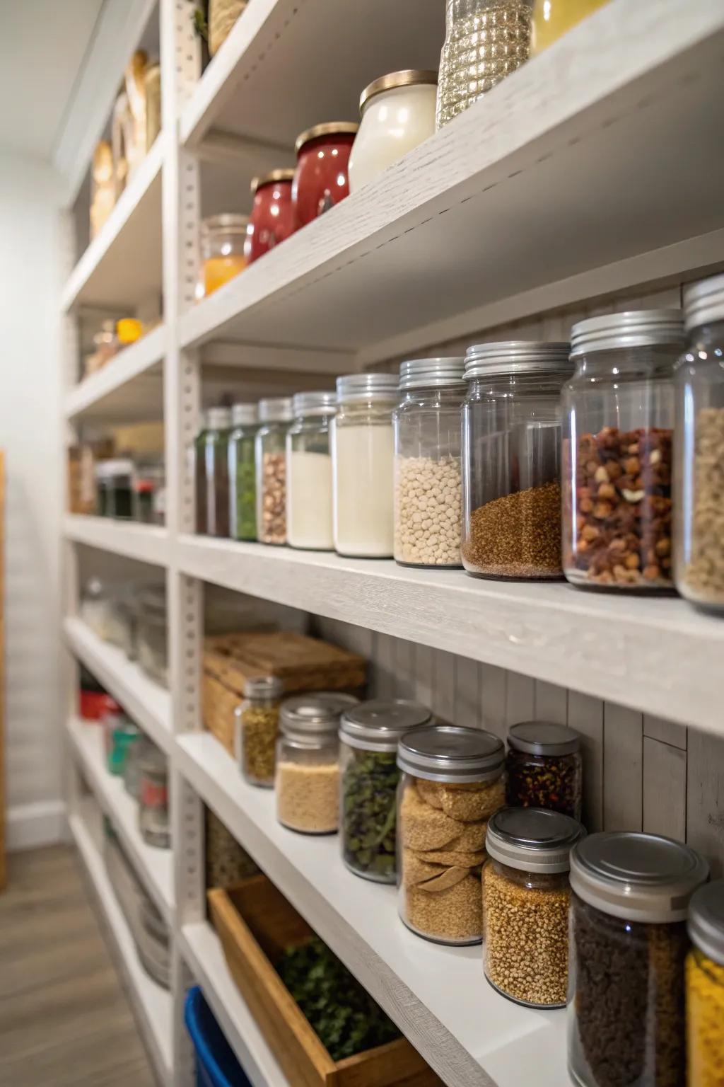 Repurposed containers add charm and function to a pantry.