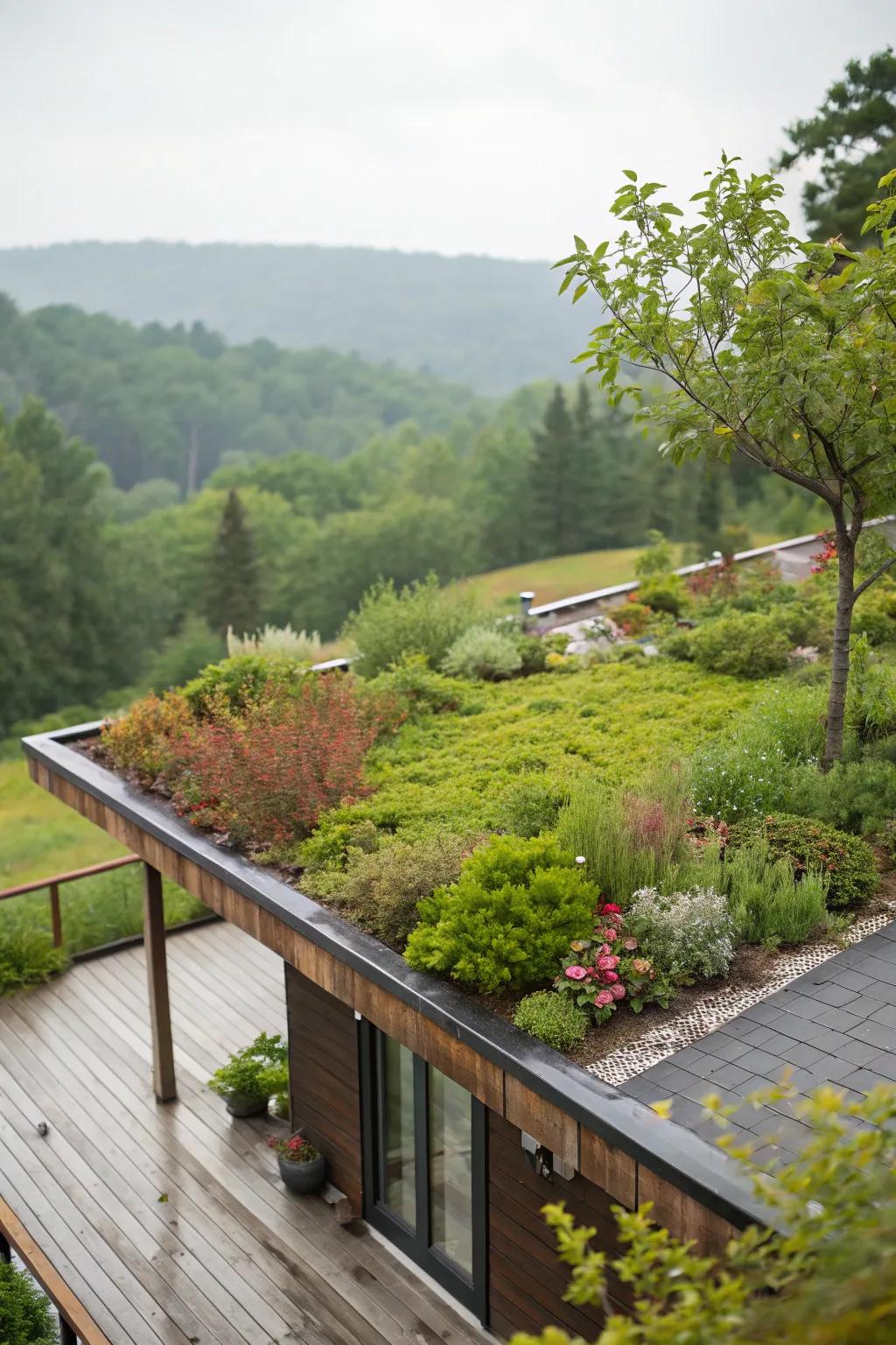 A sustainable deck with a green roof, offering natural insulation and a habitat for wildlife.