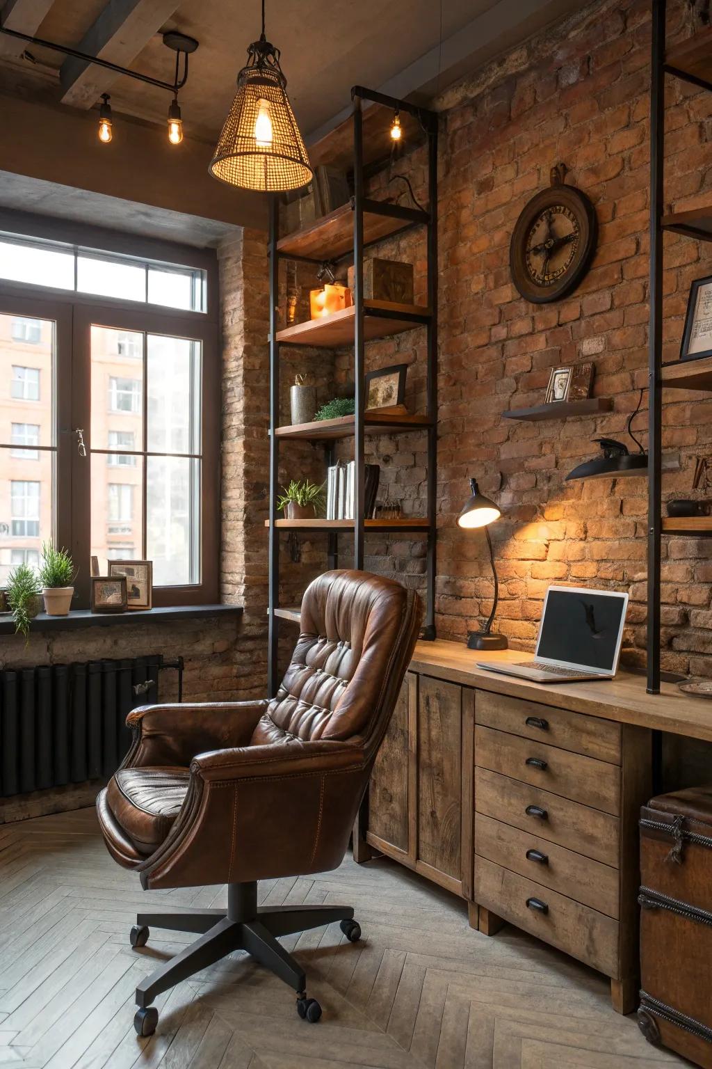 Leather accents add sophistication to your rustic office decor.