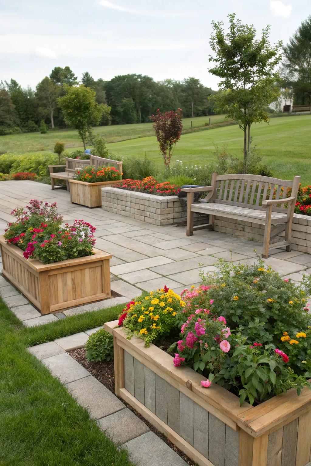 Built-in benches in paver planters offer a perfect spot to relax.