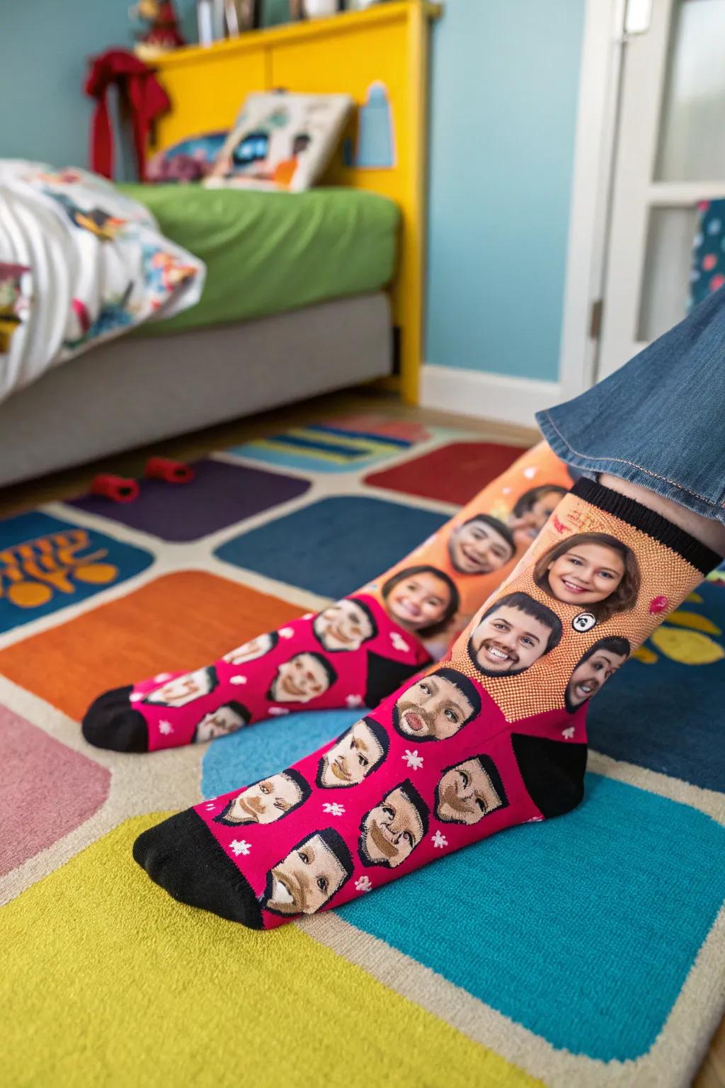 Custom face socks add a playful touch to her everyday attire.