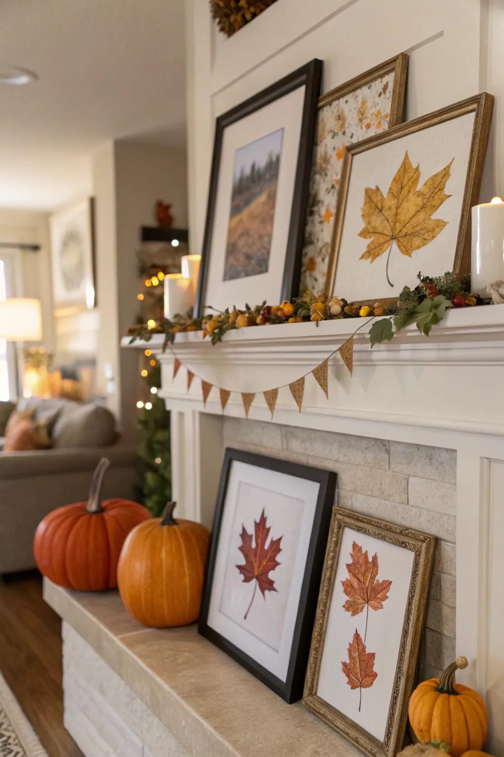 A mantle featuring seasonally themed framed artwork for year-round festivity.