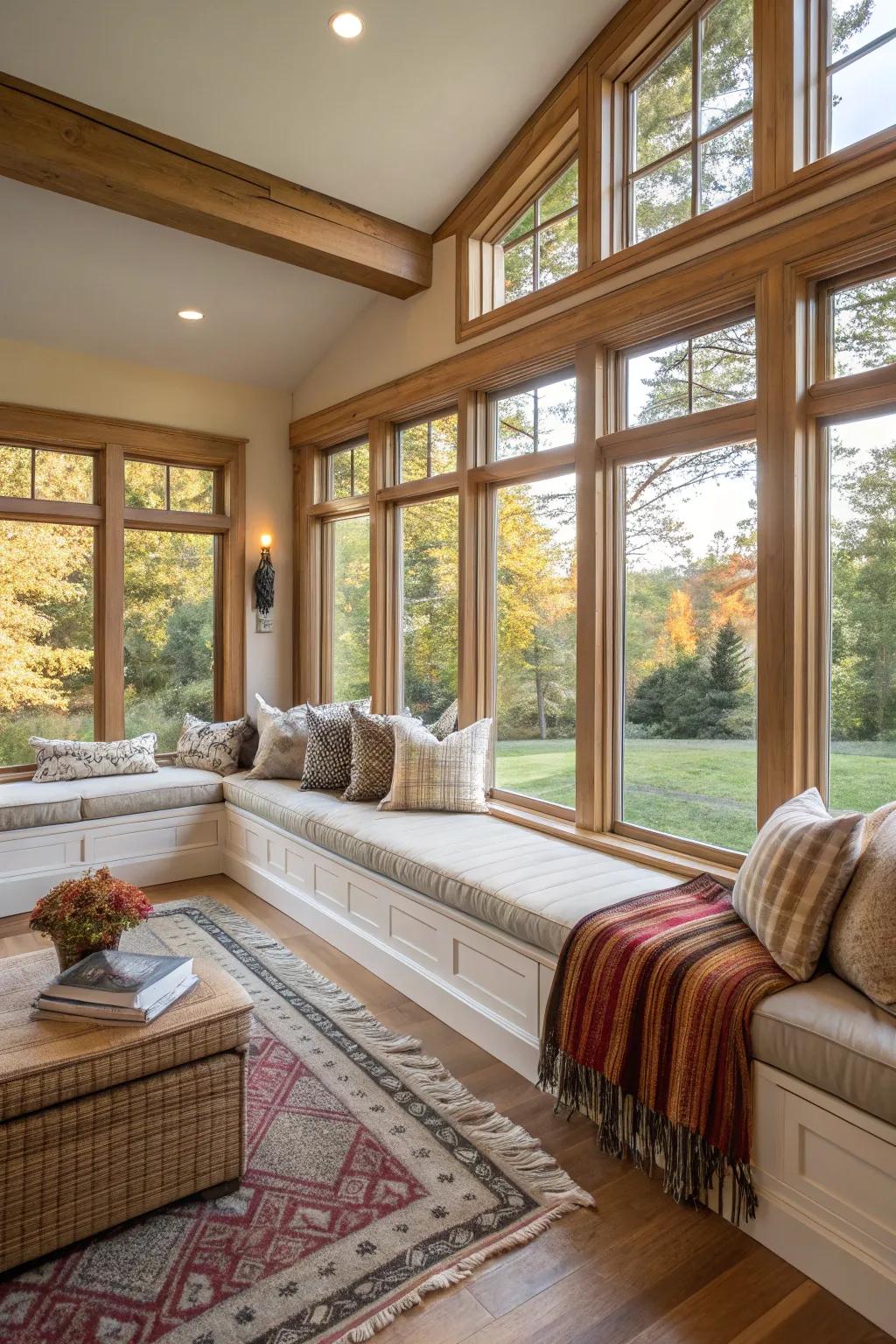 Family room featuring picture windows integrated with built-in seating.