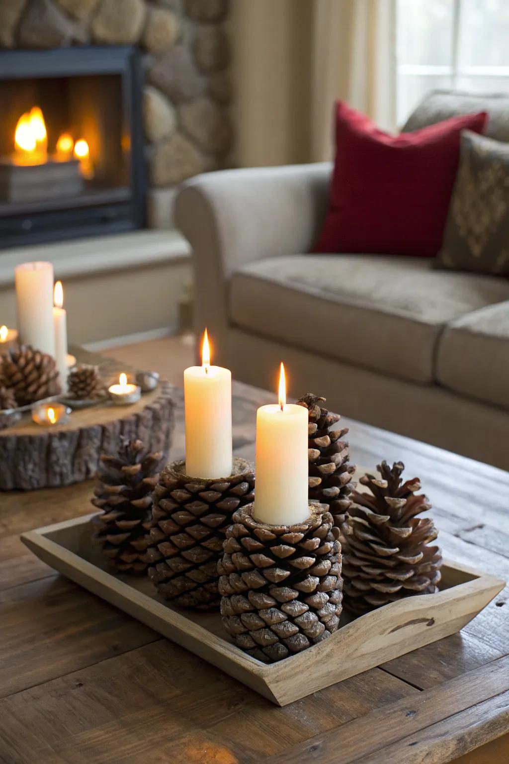 Illuminate your home with pine cone candle holders.