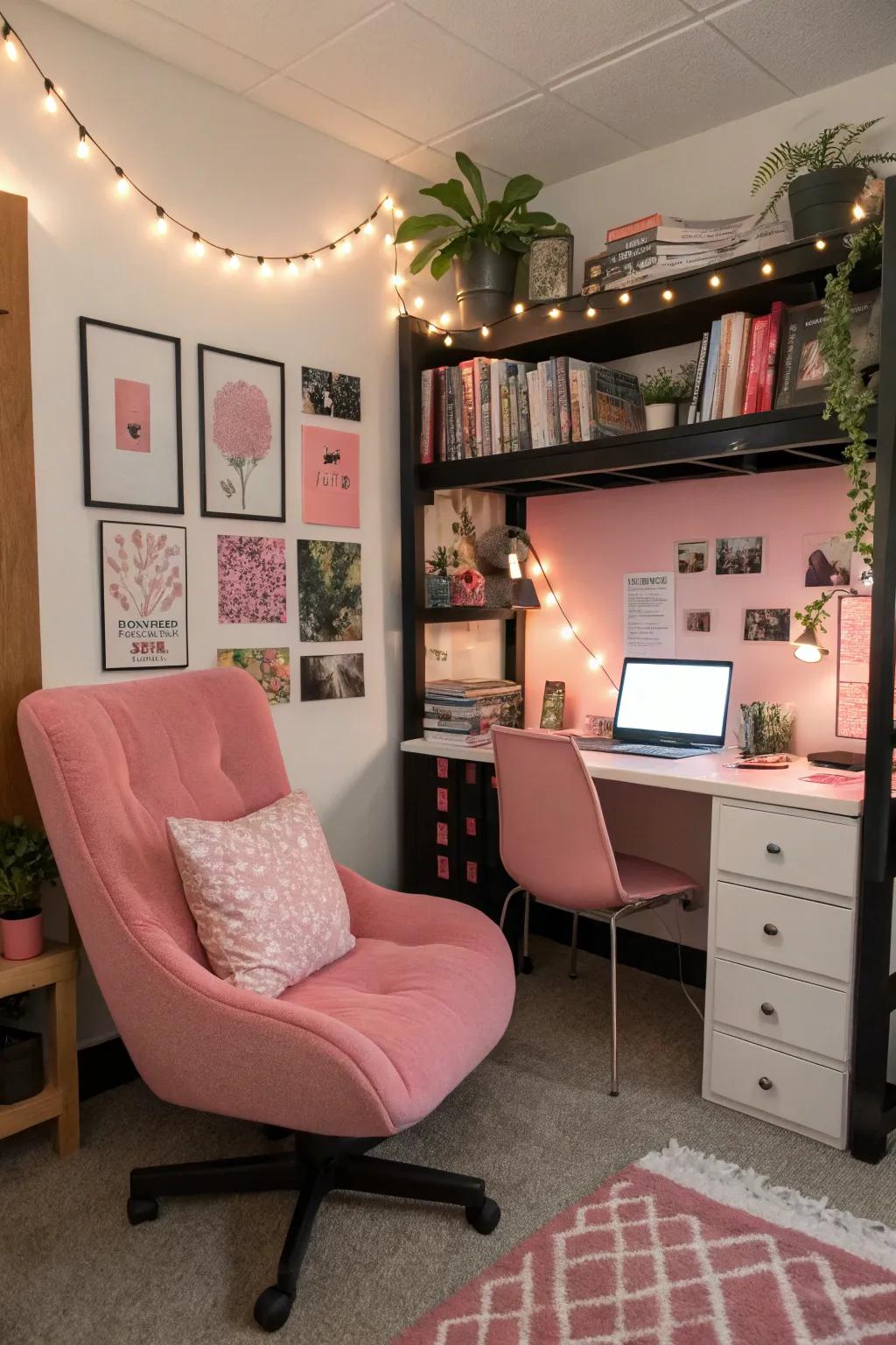 Inviting study nook with pink and black decor.