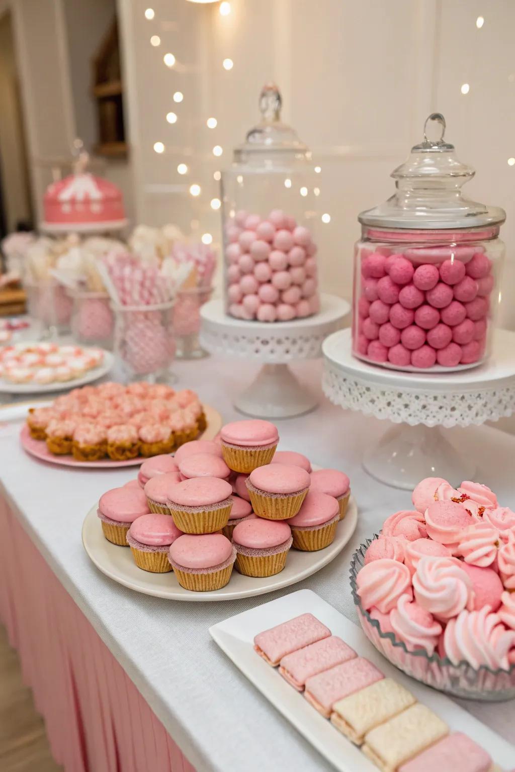 A pink sweets display adds a delicious and festive touch.