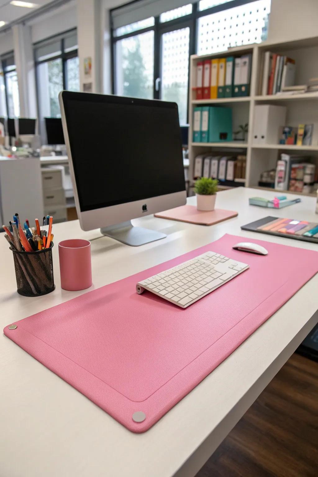 A pink desk mat adds color and protection to your workspace.