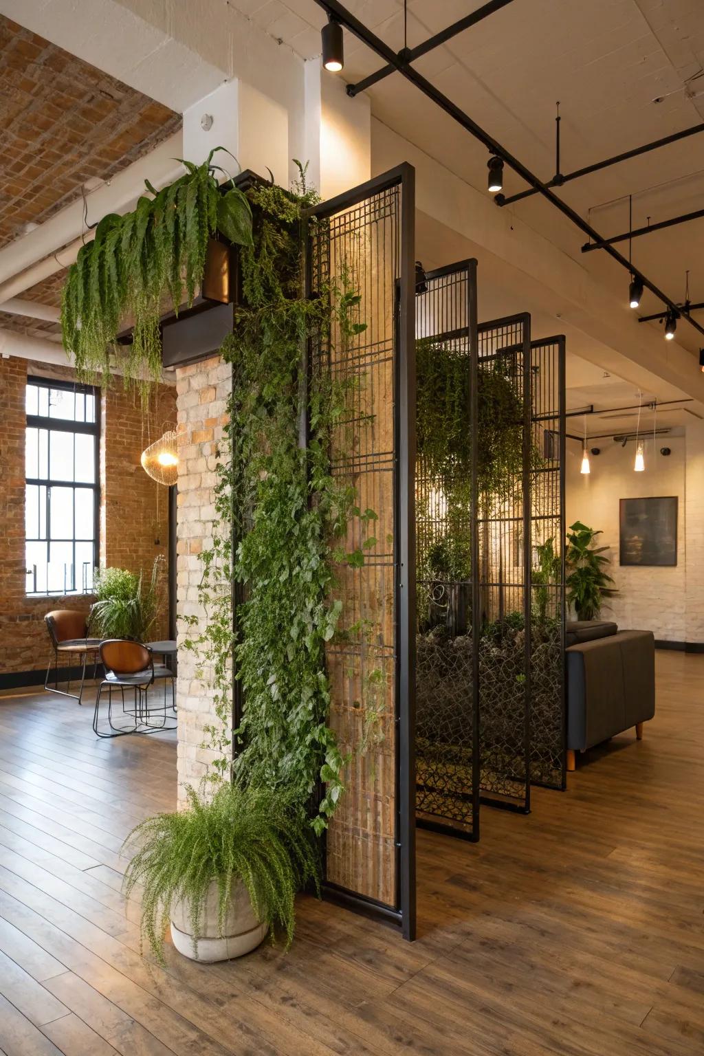 Creative privacy with a plant-covered room divider.